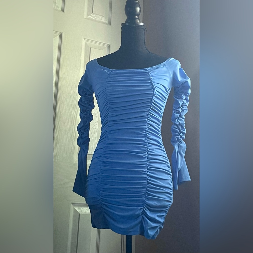 Ruched Off-Shoulder Bodycon Dress in Blue